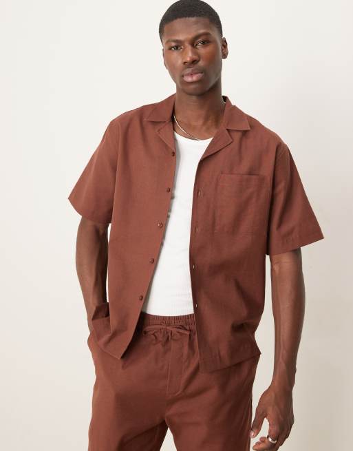 Free Society - Camicia da spiaggia a maniche corte in misto lino marrone in coordinato