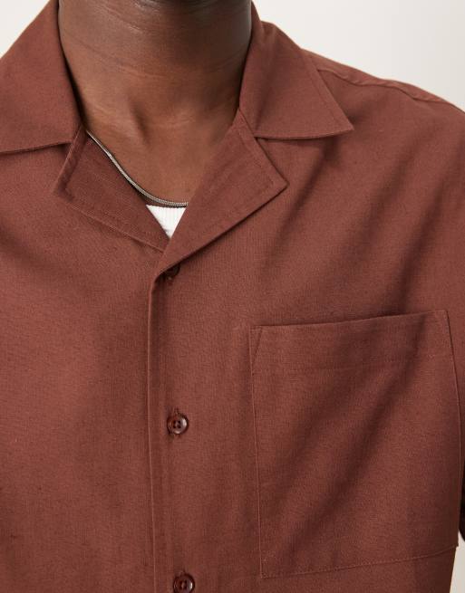 Free Society - Camicia da spiaggia a maniche corte in misto lino marrone in coordinato, 2 di 4