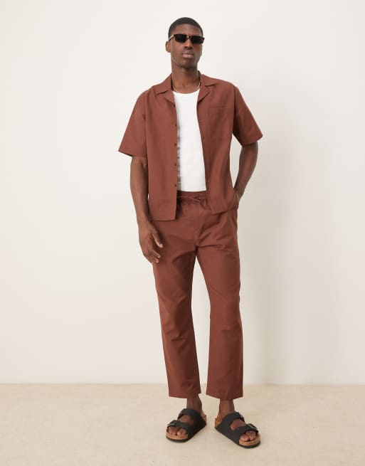 Free Society - Camicia da spiaggia a maniche corte in misto lino marrone in coordinato, 3 di 4