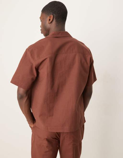 Free Society - Camicia da spiaggia a maniche corte in misto lino marrone in coordinato, 4 di 4