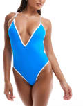 [Free Society] Free Society contrast plunge swimsuit in blue and white 10 Blue and white