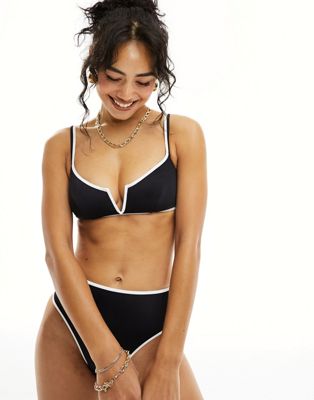 Free Society contrast stripe v front bikini top in black and white - ASOS Price Checker