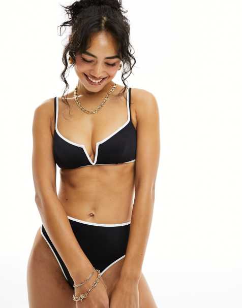 Free Society contrast stripe v front bikini top in black and white - view 1