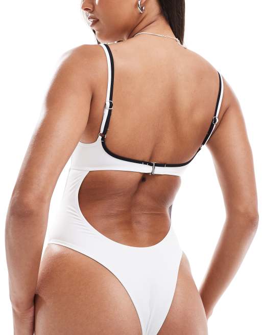 Free Society contrast v front swimsuit in white and black, 3 of 4