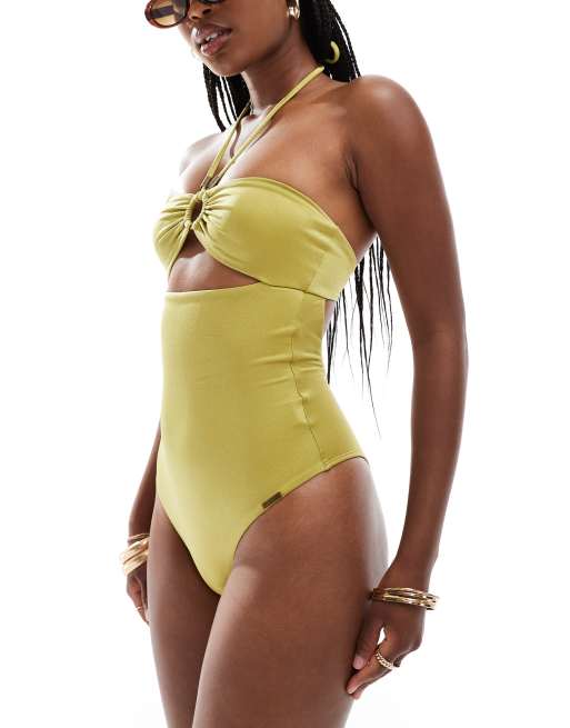 Free Society - Costume da bagno a fascia con cut-out e anello sul davanti color pesto lucido