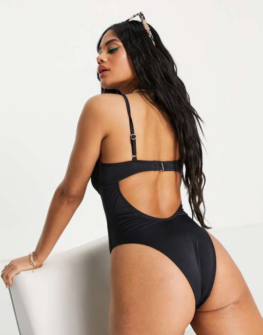 Free Society - Costume da bagno con scollo profondo con ferretto e cut-out nero, 2 di 4