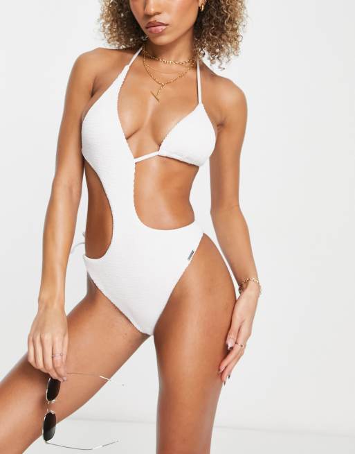 Free Society crinkle cut out swimsuit in white , 4 of 4