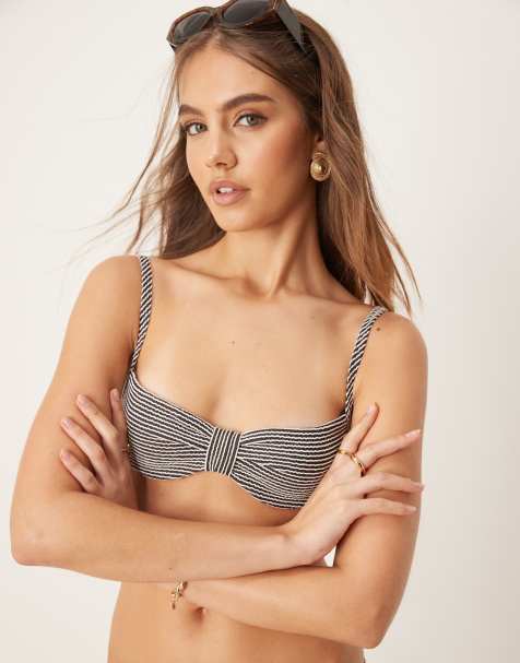 Free Society crinkle stripe knot front underwire bikini top in black and white - view 1