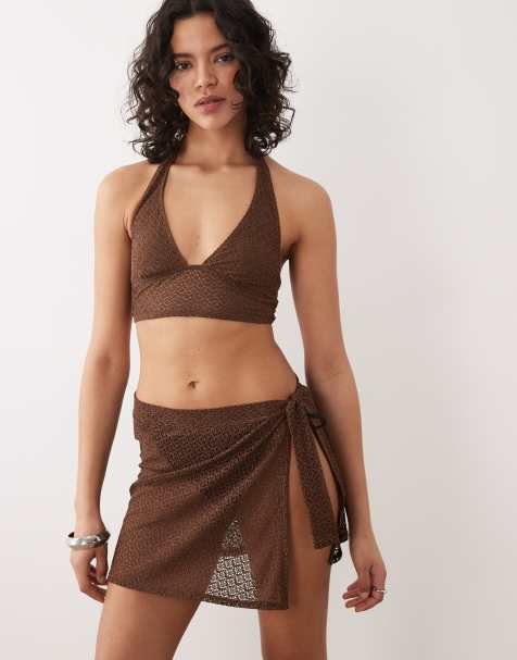Free Society crochet halterneck beach top in dark brown - view 1
