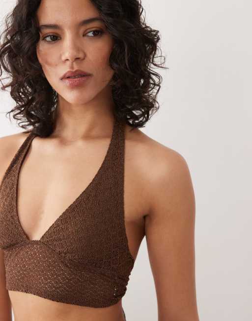 Free Society crochet halterneck beach top in dark brown, 3 of 4