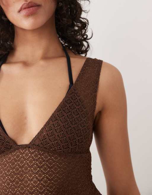 Free Society crochet mini beach dress with low back in dark brown, 4 of 4