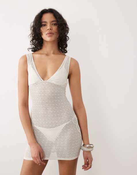 Free Society crochet mini beach dress with low back in ivory - view 1