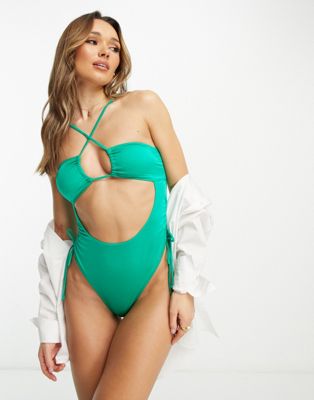 Free Society cut out bandeau swimsuit in metallic green - ASOS Price Checker
