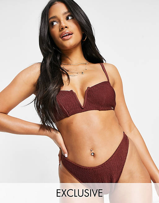 Free Society Exclusive mix and match crinkle deep v bikini top in brown