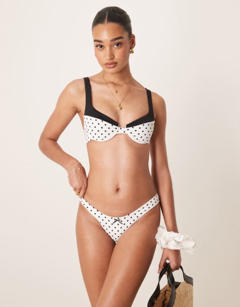 Free Society – Gepunktete Bikinihose mit hohem Beinausschnitt in Weiß - view 1