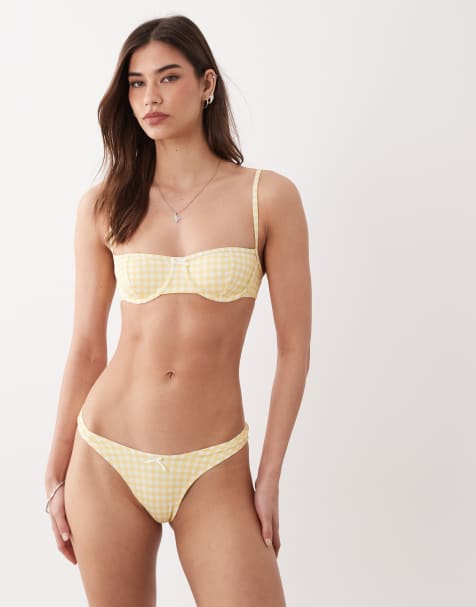 Free Society gingham high leg bikini bottoms in light yellow - view 1