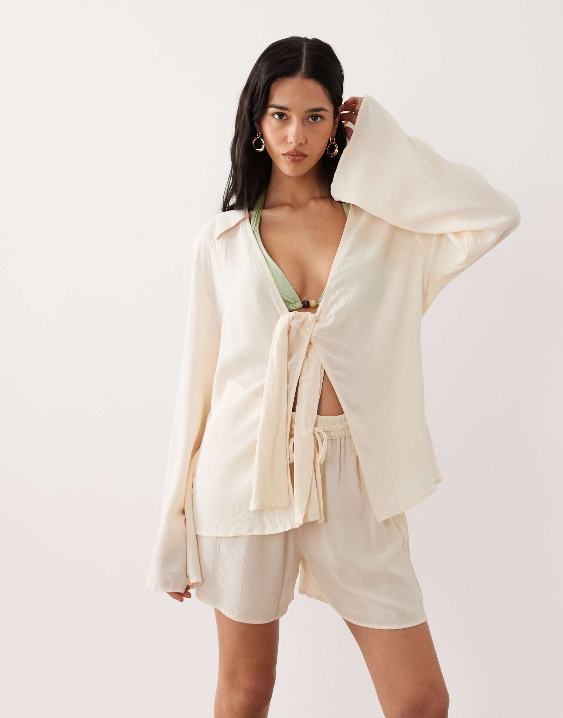free society knot front beach shirt in cream