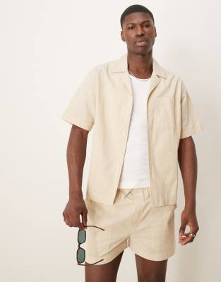 Free Society linen blend short sleeve beach shirt co-ord in beige - view 1
