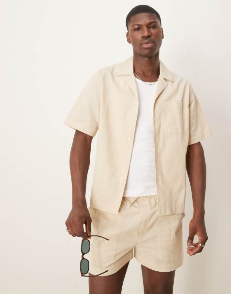 Free Society linen blend short sleeve beach shirt co-ord in beige