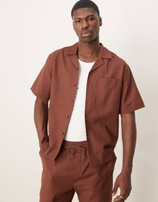 Free Society Free Society linen blend short sleeve beach shirt co-ord in brown
