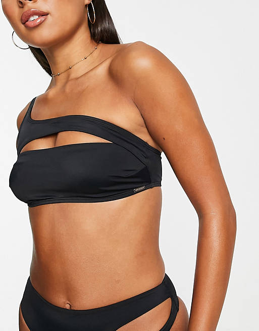 Free Society mix and match one shoulder crop bikini top in black
