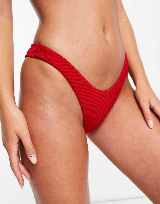 Free Society - Mix en match - Hoogopgesneden bikinibroekje van kreukelstof in rood 