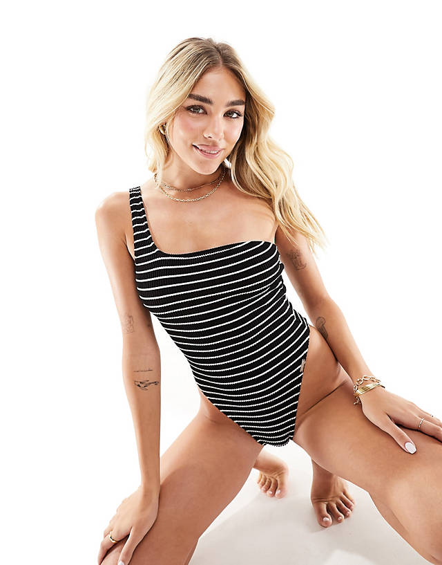 Free Society - one shoulder crinkle swimsuit in black stripe