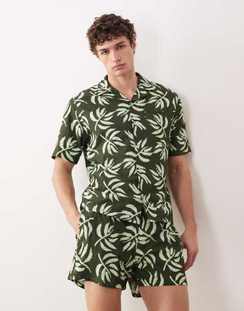 Free Society palm print short sleeve beach shirt in khaki - view 1