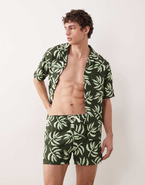 Free Society palm print swim shorts in khaki green - view 1