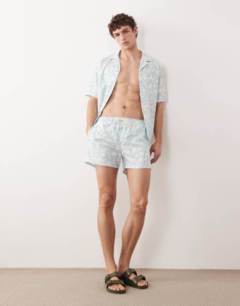 Free Society - Pantaloncini da bagno blu vintage con stampa di foglie - view 1