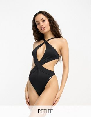 Free Society Petite cross over cut out swimsuit in black - ASOS Price Checker
