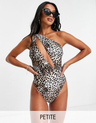 FREE SOCIETY PETITE ONE SHOULDER CUT-OUT SWIMSUIT IN ANIMAL PRINT-MULTI