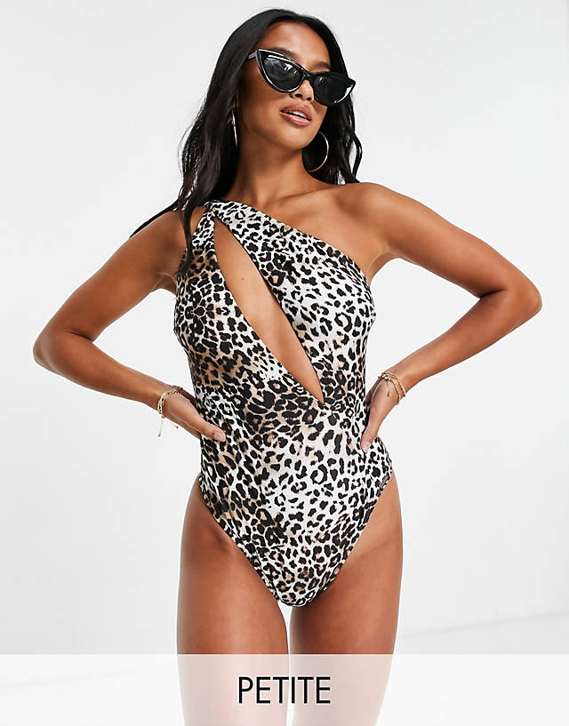Free Society - petite one shoulder cut out swimsuit in animal print