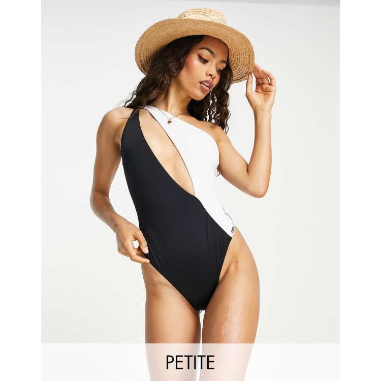 Free Society Petite one shoulder cut out swimsuit in black and white