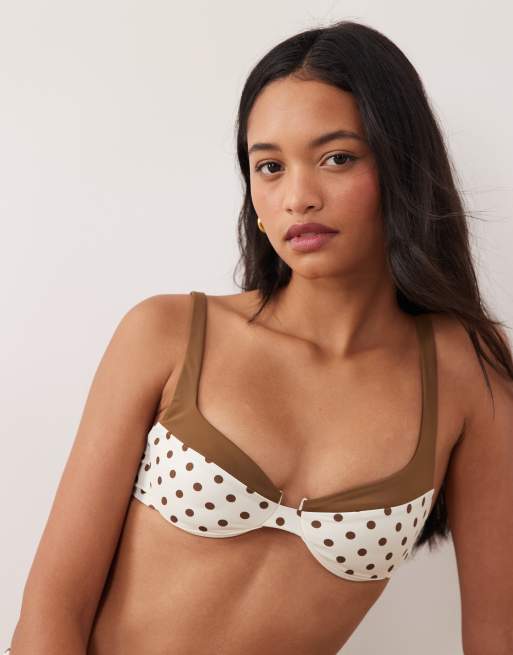 Free Society polka dot underwire bikini top in brown and cream, 3 of 4