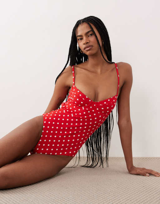 Free Society polka dot underwire swimsuit in red, 3 of 4