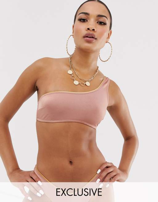 Free Society – Roséguldfärgad glansig bikiniöverdel i one shoulder-modell – Endast hos ASOS
