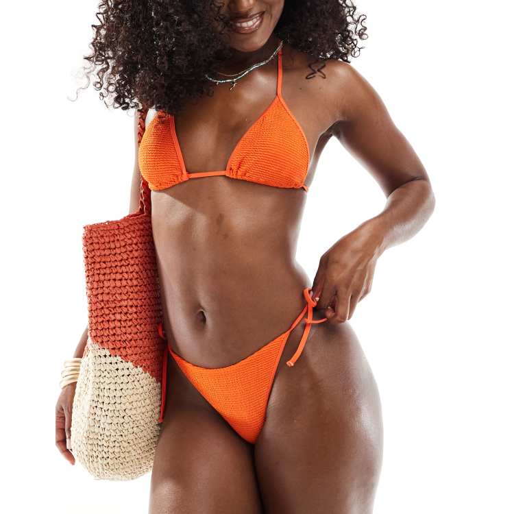 Free Society shiny crinkle tie side bikini bottom in orange