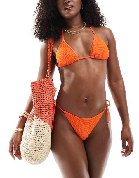 Free Society shiny crinkle triangle bikini top in orange - view 1
