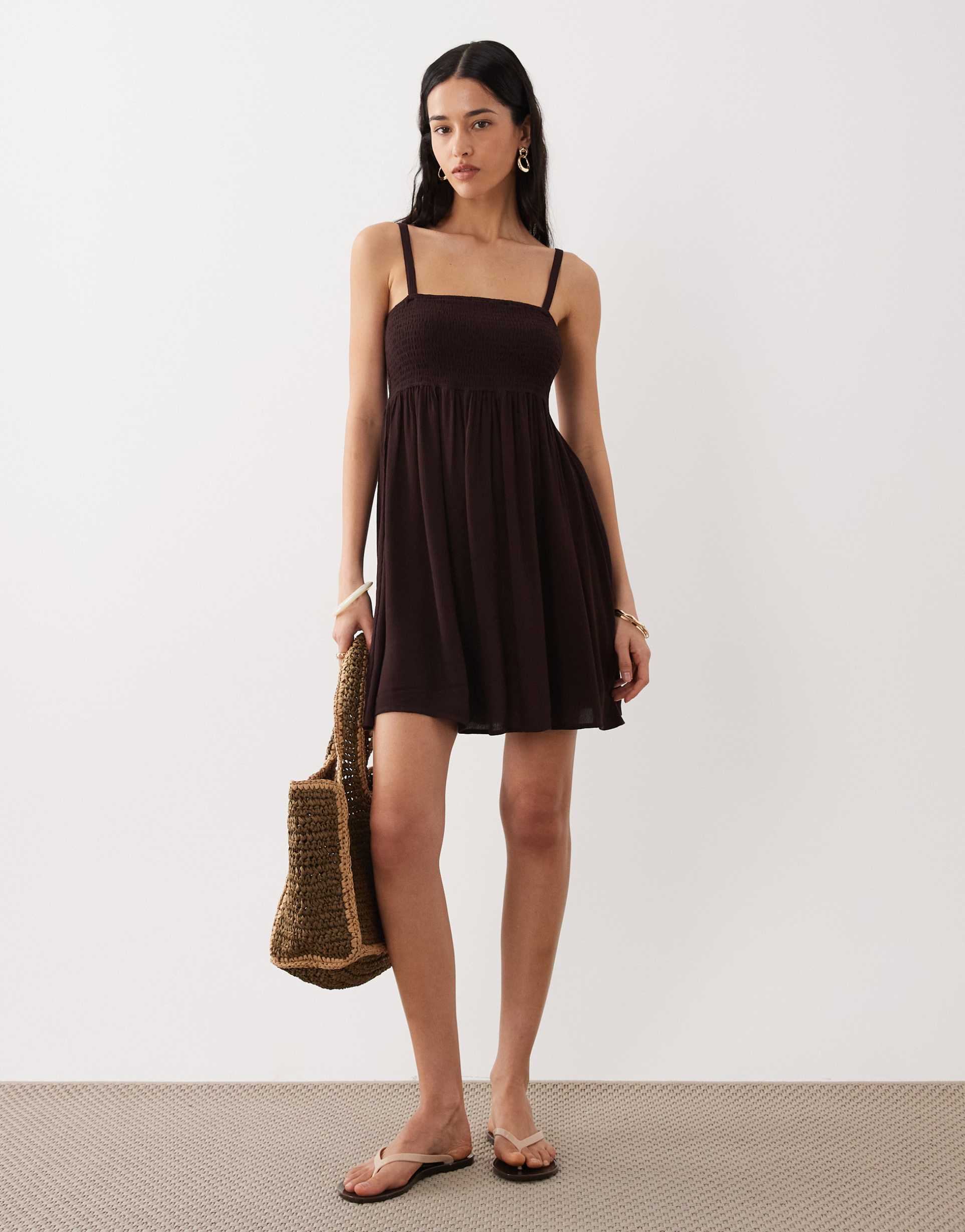 free society shirred beach mini dress in dark brown