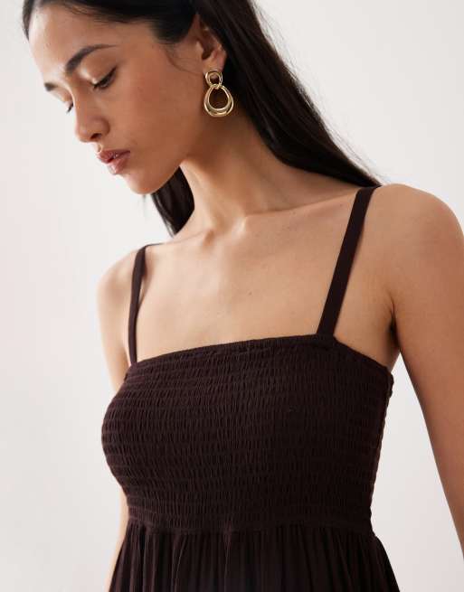 Free Society shirred mini beach dress in dark brown, 3 of 4
