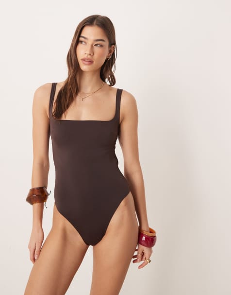 Free Society square neck swimsuit in brown - view 1
