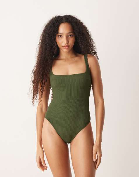 Free Society square neck swimsuit in dark green - view 1