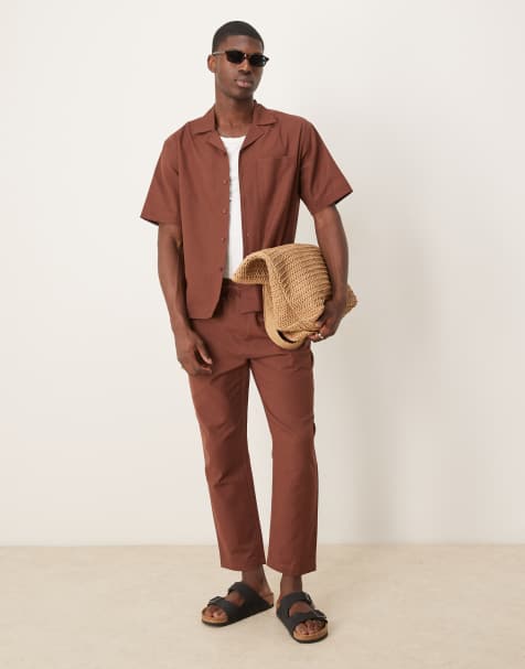 Free Society - Strandbroek met linnenlook in bruin, deel van co-ord set - view 1