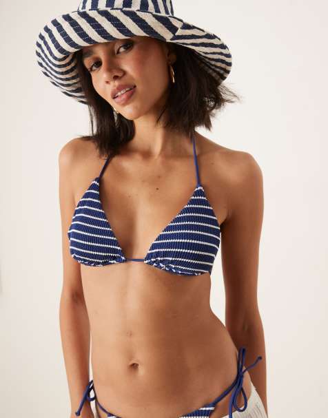 Free Society stripe crinkle triangle bikini top in navy - view 1