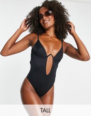 Free Society Tall monowire swimsuit with deep plunge cut out detail in black - ASOS Price Checker