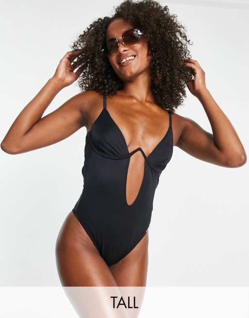 Free Society Tall monowire swimsuit with deep plunge cut out detail in black