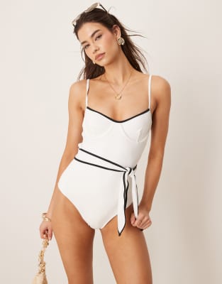 tie front underwire swimsuit in off-white and black-Multi