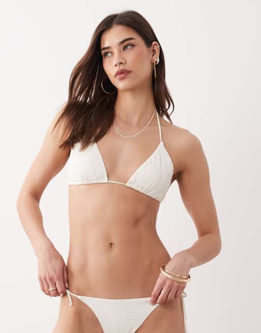 Free Society - Top bikini a triangolo bianco con volant, 3 di 4