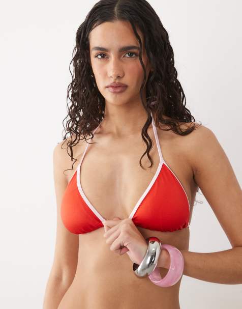 Free Society triangle bikini top with contrast trim in pink
